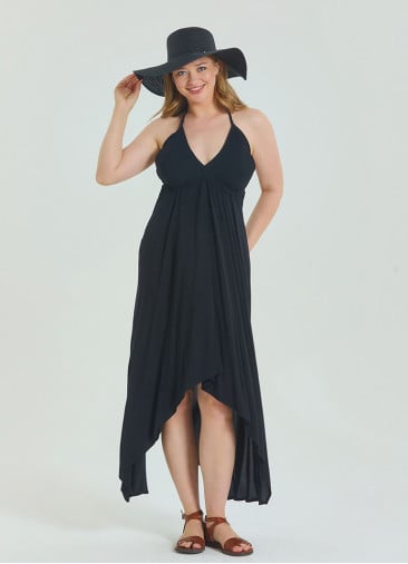 V Neck Backless Halter Neck Black Plus Size Dress 4663